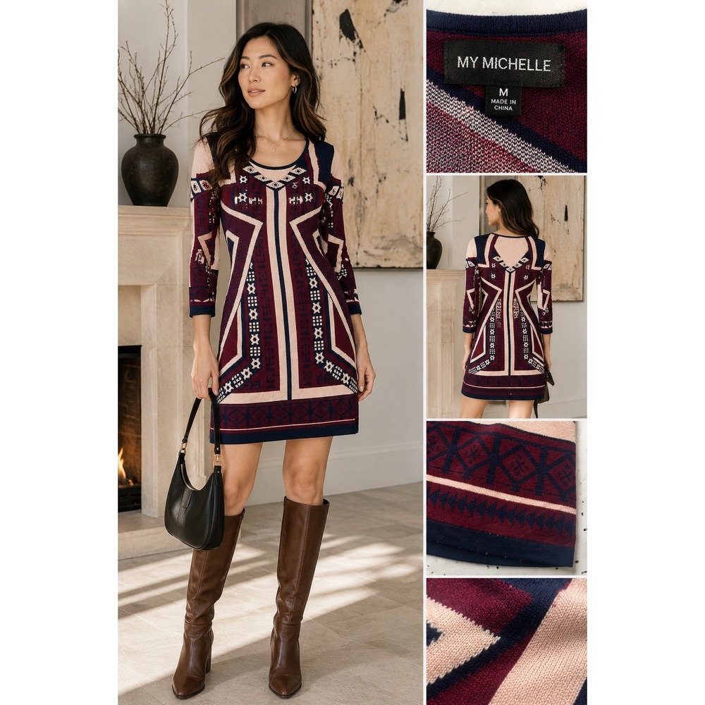 Alya Womens Geometric Intarsia Knit Long Sleeve Sweater Dress Burgundy Navy S